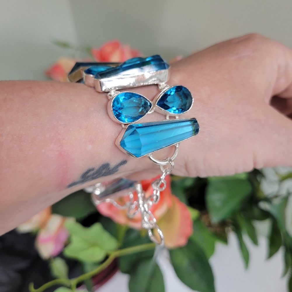 London Blue Topaz Gemstone Handmade Silver chunky Jewelry Bracelet 7-9" - Picture 3 of 8